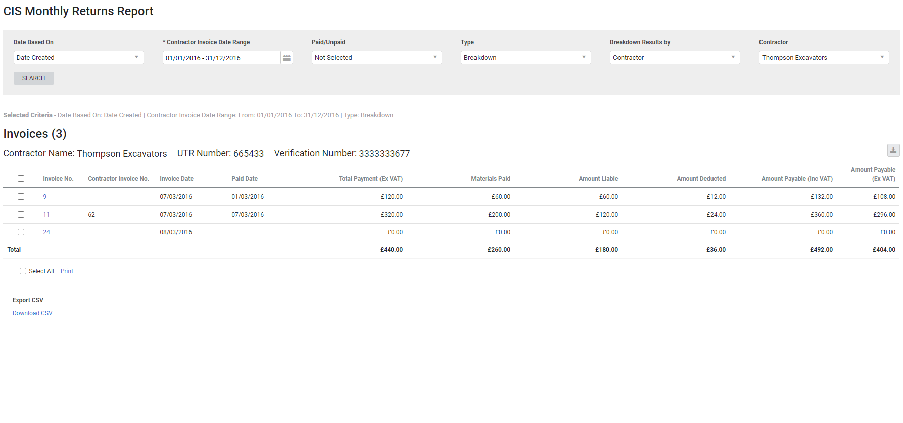 A screenshot of the CIS Monthly Returns report filters.